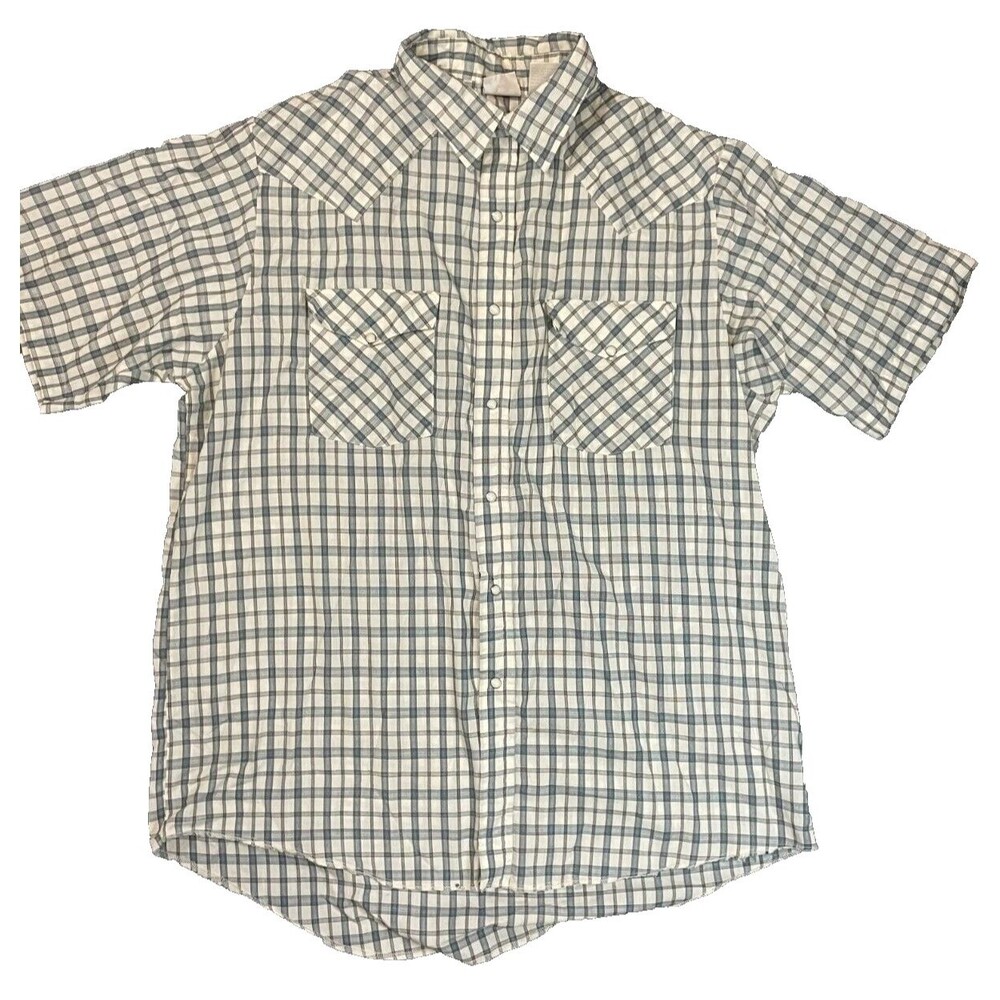 Western Frontier Shirt Men L Large Blue Plaid Pearl Snap Short Sleeve Collared